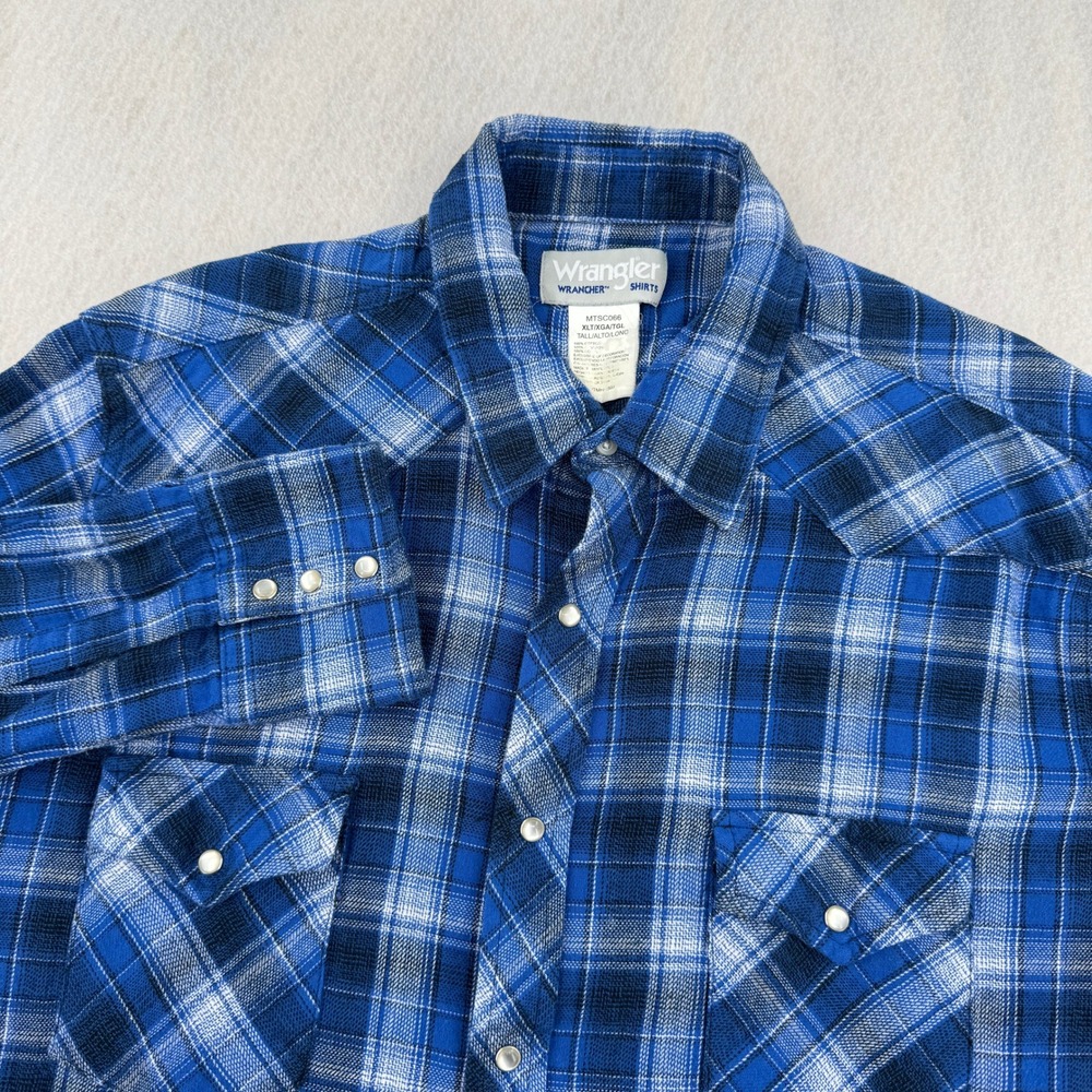 Wrangler Wrancher Western Pearl Snap Mid-Weight Flannel Mens XLT Blue Plaid